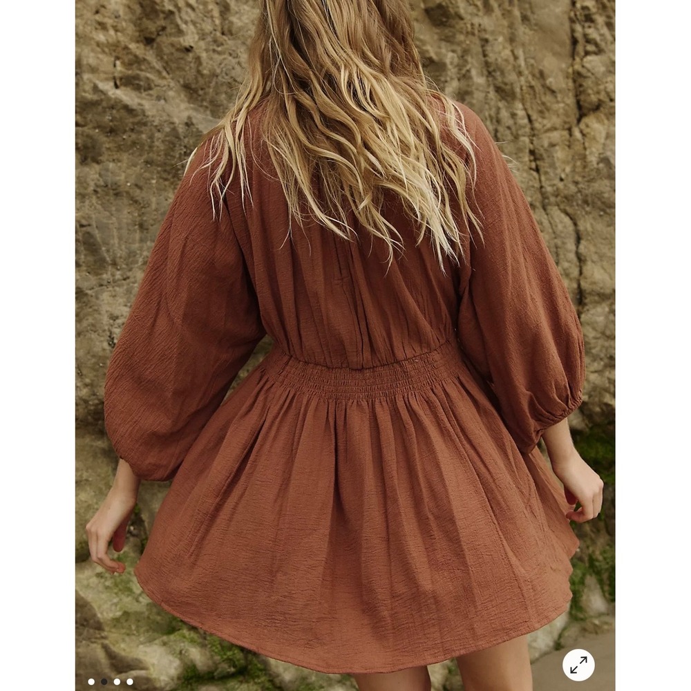 Free People 100 Degree Mini Dress Mocha Brown Smocked V-Neck Gauze Boho Large - Picture 4 of 11